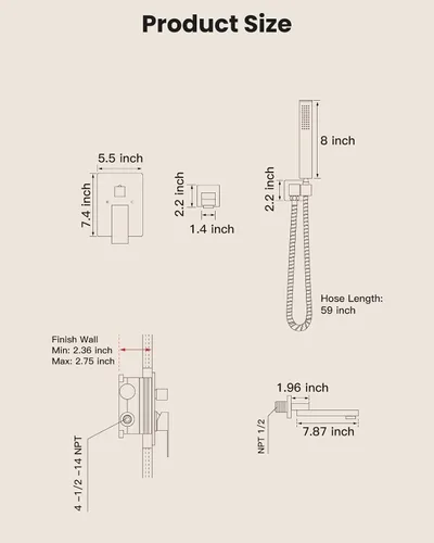 Miniatura 9 de gotonovo - Grifo de bañera montado en la pared con rociador de mano, juego de grifo de ducha giratorio de 180°, sistema de ducha de baño de una sola