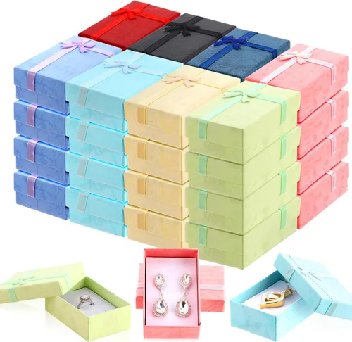 Batiyeer Juego de cajas de regalo de joyería, cajas de cartón de regalo pequeñas vacías para embalaje de joyas con lazo de cinta para aniversarios,