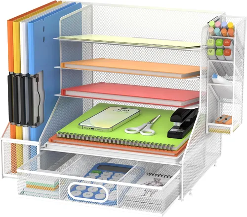 Miniatura 9 de DALTACK Organizador de Escritorio de Malla, Bandeja de Cartas de 5 Niveles con Portaarchivos y Portabolígrafos y Cajón Deslizante, Organizador