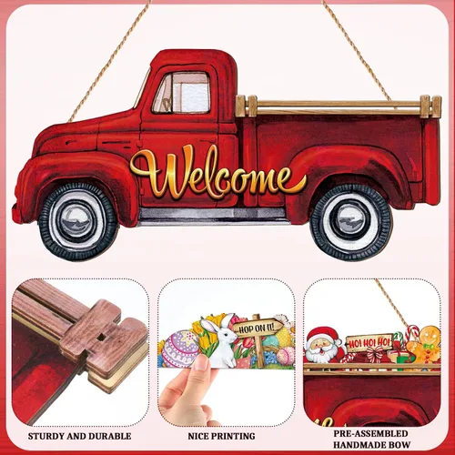 Miniatura 3 de Ferraycle Letrero de bienvenida patriótico intercambiable del 4 de julio, colgador de puerta de camión rojo con 12 letreros de temporada, decoración