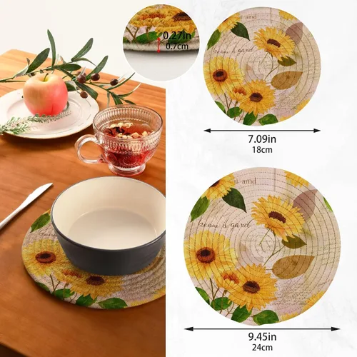 Miniatura 3 de Blueangle Juego de 2 agarraderas redondas tejidas de algodón trenzado de girasoles y girasoles amarillos, manteles de mesa para cocinar y hornear