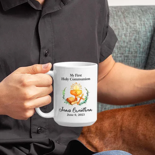 Miniatura 6 de Tazas personalizadas de la Santa Comunión de 11 onzas y 15 onzas, taza de café blanca con texto en inglés "My First Holy Communion", regalos