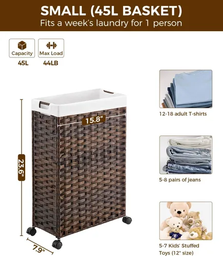 Miniatura 4 de GREENSTELL - Cesta de ropa con ruedas, 45 l (11.9 galones), cesto pequeño de ratán para ropa con 2 bolsas extraíbles y 2 bolsas de malla, cesto