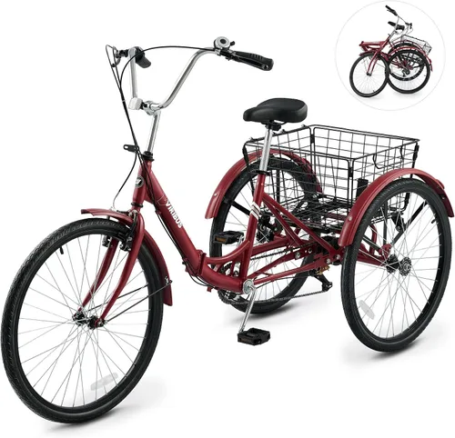 Miniatura 9 de VIRIBUS Triciclo plegable para adultos, triciclo plegable de 7 velocidades para adultos con cesta con ruedas extraíble, bicicletas plegables de 3