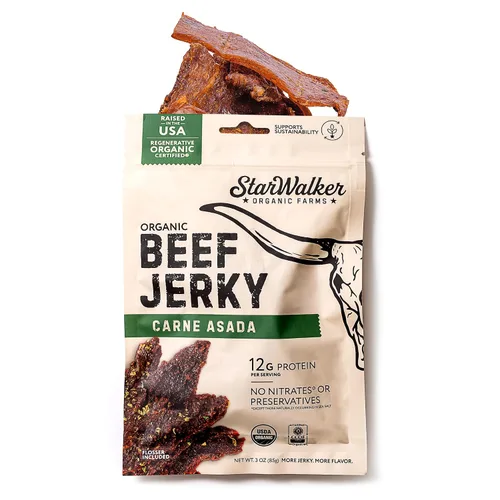 StarWalker Organic Farms Carne Asada Beef Jerky – Certificada Orgánica, 36g de Proteína, Sin Nitratos ni Conservantes, Alimentada con Pasto, Bolsa