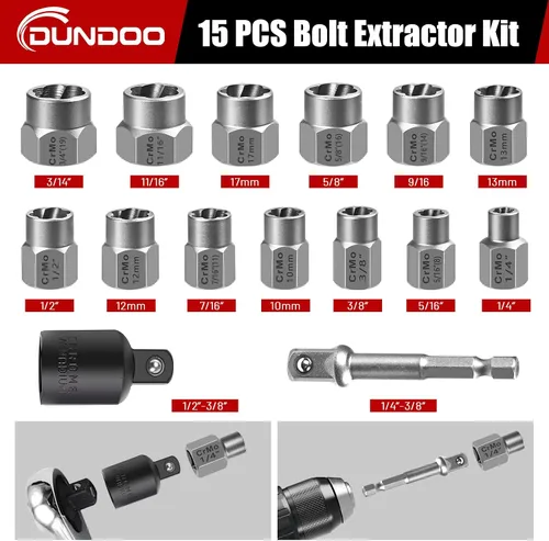 Miniatura 2 de Juego de extractor de pernos, kit de extractor de pernos fáciles de 15 piezas, juego de zócalos extractores de impacto de 3/8" para pernos y tuercas
