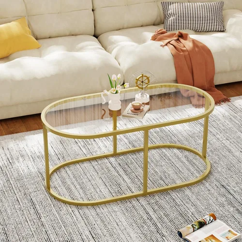 Miniatura 5 de Mesa de centro de cristal dorado Mesas de centro para sala de estar, Mesa ovalada Mesa central con marco de metal resistente, Mesas decorativas