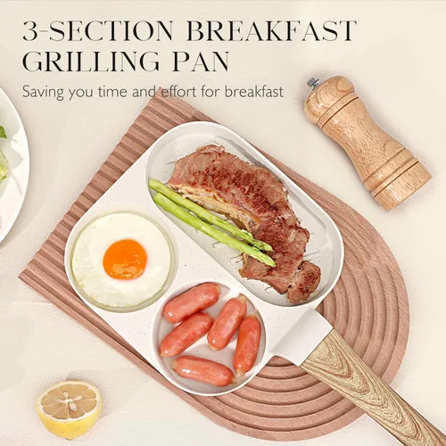 Miniatura 3 de GiPP Sartén de cerámica antiadherente para huevos, sartén dividida 3 en 1 para tortilla de desayuno, 7.9 pulgadas con mango resistente al calor