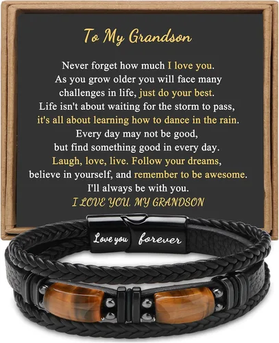 Miniatura 23 de Regalos únicos para hombres, pulsera de cuero para hombres, papá, novio, hijo, nieto, hermano, te amo para siempre, piedra ojo de tigre, día