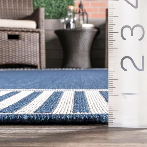 Miniatura 3 de nuLOOM Tapete de área para exteriores, diseño informal con borde a rayas, resistente a las manchas, altamente duradero, para patio, balcón, Azul