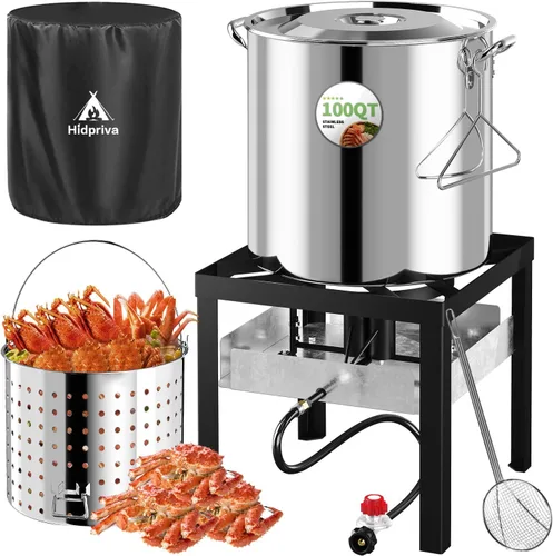 Kit de Caldera de Cangrejos de Acero Inoxidable 100QT, Cubierta Impermeable y Escumador de 18 Pulgadas, Hornilla de Propano de 110,000BTU, Regulador
