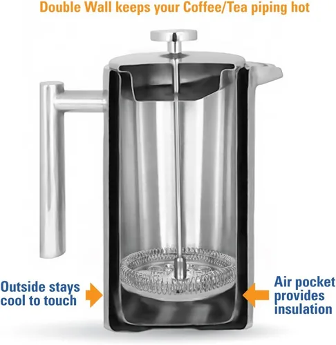 Miniatura 7 de MIRA Prensa francesa aislada de 20 onzas, cafetera y té de acero inoxidable, cafetera con control de temperatura de doble pared, color azul perla
