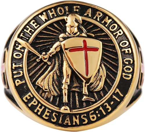 Miniatura 3 de HZMAN Knights Templar Put On The Whole Armor of God Efesios 613-17 Anillo de acero inoxidable para hombre con diseño de Cruz Roja