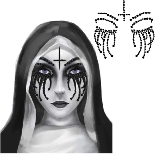 Miniatura 6 de Saturey Juego de accesorios para disfraz de monja de Halloween, con diamantes de imitación temporales, tatuaje facial temporal para Halloween