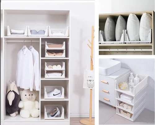 Miniatura 3 de Paquete de 3 organizadores apilables para armario, contenedor plegable para armario, cesta de almacenamiento de plástico, estantes extraíbles blancos