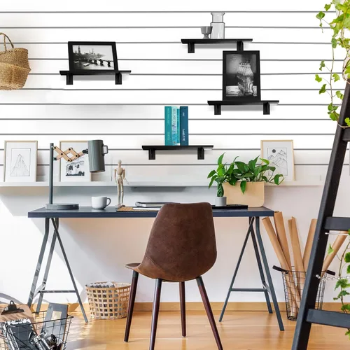 Miniatura 6 de Paquete de 3 estantes de madera con listones de pared de 15.7 x 6 pulgadas, estantes de pared con soportes de metal, accesorios organizadores