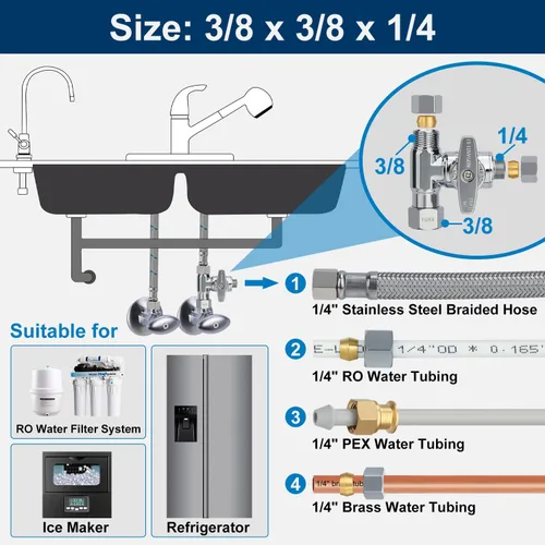 Miniatura 6 de Válvula Add-A-Tee de parada angular de latón, válvula de T de compresión de 3/8 x 3/8 x 1/4, Adaptador de agua de alimentación para refrigeradores