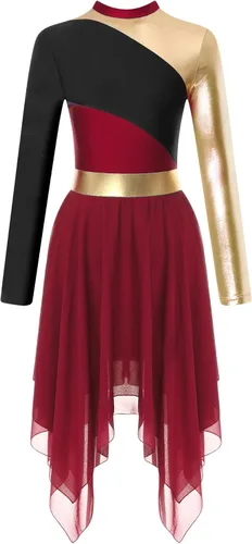Miniatura 3 de TiaoBug Vestido de baile de alabanza de manga larga para mujer, vestido litúrgico metálico con bloques de color, vestidos de adoración