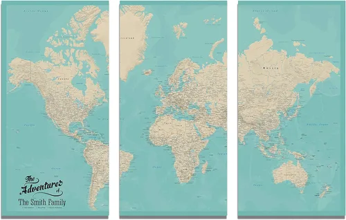 Miniatura 37 de 3 paneles - Mapa de viaje colorido del mundo con alfileres en lienzo envuelto en galería, mapa de pared grande