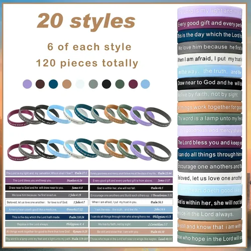 Miniatura 31 de Estune 120 pulseras de versículos de la Biblia, con cita motivacional, pulseras de goma, pulseras de silicona religiosas, pulseras de silicona