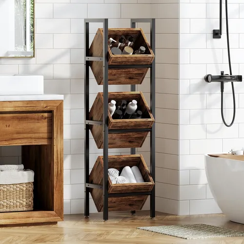Miniatura 7 de LITTLE TREE Soporte de Cesta de 3 Niveles, Unidad de Estantería de Pie de Madera, Organizador de Almacenamiento Rústico de Pie para Cocina, Baño