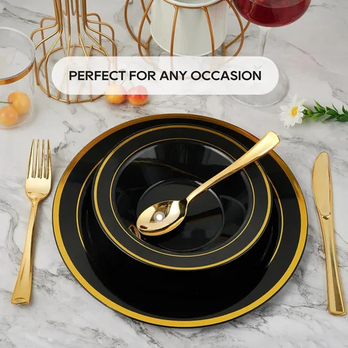 Miniatura 4 de JOLLY PARTY 100 piezas de tazones de plástico negro con borde dorado - 12 onzas, tazones desechables para sopa, tazones premium para postre