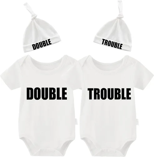 Miniatura 20 de YSCULBUTOL Conjunto de mameluco para bebé gemelos, divertido doble problema, lindo mameluco para niña, mono gemelo, conjunto de sombrero