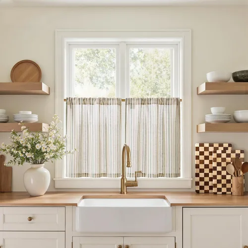 Miniatura 32 de jinchan - Cortinas de lino a rayas para cocina de 20 pulgadas de largo, cortinas de varios niveles, estilo granja moderna de café, tratamientos