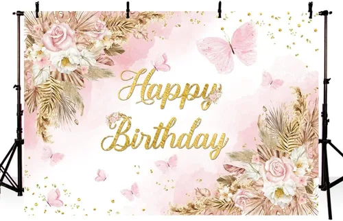 Miniatura 2 de MEHOFOND Telón de fondo bohemio de feliz cumpleaños de 7 x 5 pies para niñas, color rosa rubor, floral, bohemio, hierba de pampas, pasteles