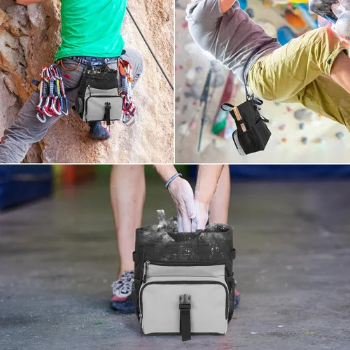 Miniatura 7 de PGmoon Bolsa de tiza grande para escalada en roca y boulder con forro de papel de aluminio, cierre magnético, múltiples bolsillos, 2 soportes