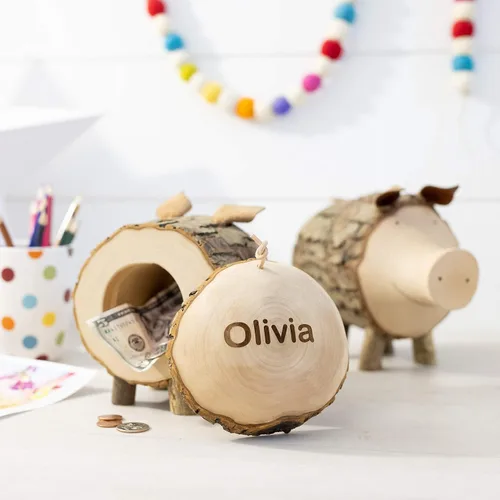 Miniatura 8 de Forest Decor Alcancías de madera – Adorable figura de cerdo para niñas y niños – Caja de dinero de ahorro de madera para adultos – Bonita decoración