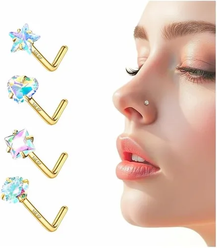4 piezas de anillos de nariz de 20G bañados en oro de 14K para mujeres y hombres, anillos de nariz en forma de L, joyería hipoalergénica para