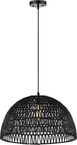 JONATHAN Y JYL6504C Lámpara Colgante de Cúpula Tejida de 20", Luminaria Colgante Bohemia de Granja con Altura Ajustable para Isla de Cocina, Negro