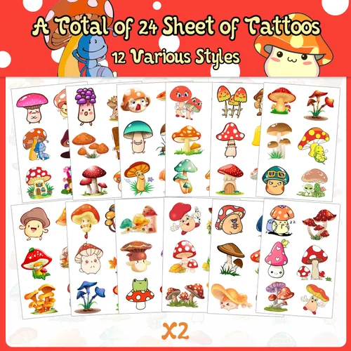 Miniatura 2 de (144 unidades) Calcomanías de tatuajes temporales de hongos para fiesta de hongos, suministros de decoración de fiesta de cumpleaños, regalos