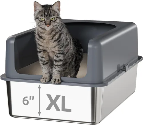 Booche Caja de arena de acero inoxidable para gatos de alta cara, caja de arena de acero inoxidable con tapa, bandeja de arena de metal extragrande