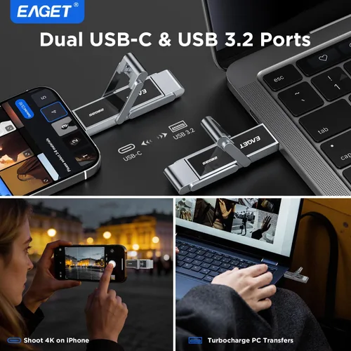 Miniatura 3 de EAGET 512GB High-Speed Dual USB Flash Drive, Up to 2100 MB/s, Portable SSD with USB 3.2 + USB-C, Metal Frame & Transparent Window Design, External