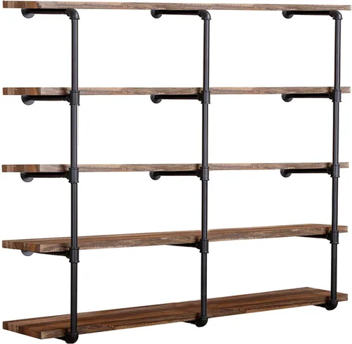 Tianman Estantería industrial de tubería de hierro para montaje en pared, estante vintage retro negro, estantería abierta para bricolaje,