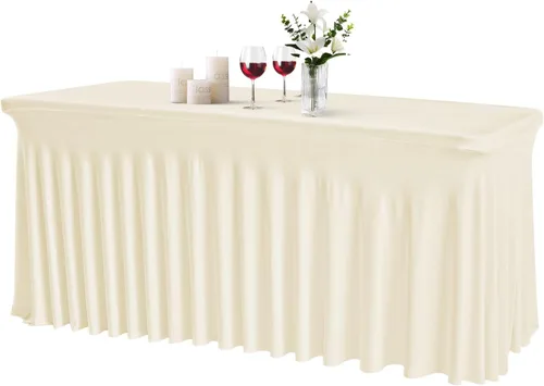Miniatura 19 de JCJ Faldón de mesa para mesas rectangulares, manteles negros ajustados de spandex para mesas de 4 pies, faldones de mesa elásticos con volantes