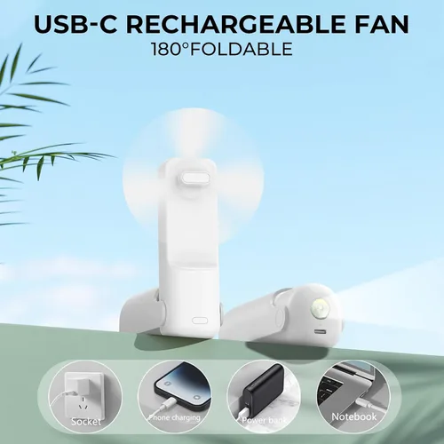 Miniatura 5 de Mini ventilador de mano portátil, 3 en 1, plegable de viaje personal, recargable, con bolsillo, linterna, regalos de cumpleaños para pestañas, Rosa
