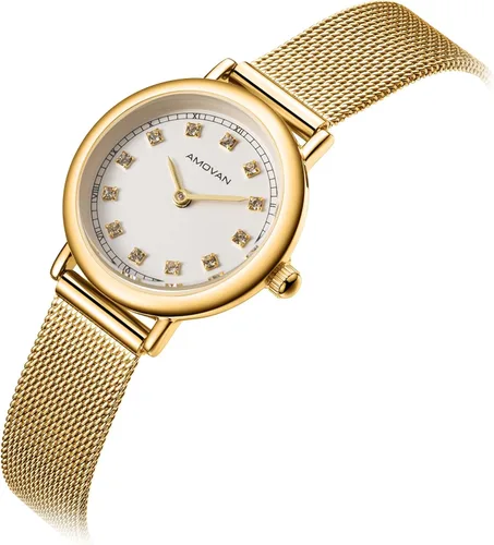 Miniatura 4 de Reloj dorado para mujer con pequeña banda de malla de acero inoxidable, minimalista de dos manecillas, esfera romana de caja redonda, herramienta