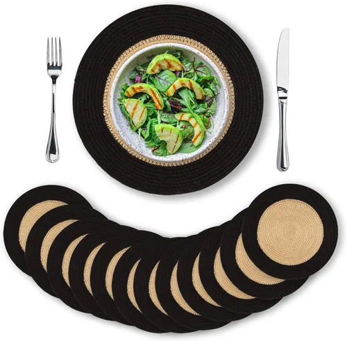 Juego de 12 manteles individuales de comedor con cordón de yute natural y negro