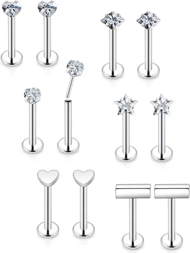 Miniatura 8 de Aretes de nariz de acero quirúrgico 316L con parte trasera plana de 16G, piercing de labio Medusa Labret Monroe, Tragus Forward Helix, Caracola