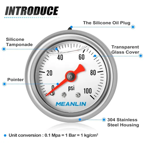 Miniatura 4 de MEANLIN MEASURE - Manómetro de acero inoxidable relleno de glicerina de 0~100 psi, esfera con cara de 1.5 pulgadas, NPT de 1/8 de pulgada