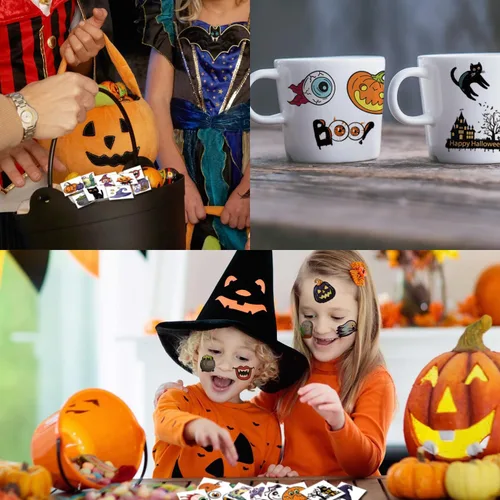 Miniatura 4 de CHARLENT 148 hojas de tatuajes temporales de Halloween para niños, tatuajes individuales de esqueletos de calabaza de Halloween para niños y niñas