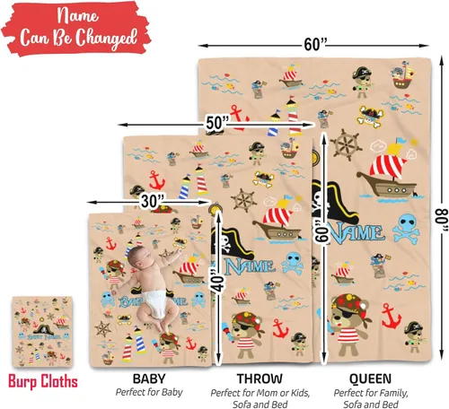 Miniatura 9 de Manta de bebé pirata personalizada, manta con nombre náutico personalizado, decoración de guardería temática de mar de aventura, suave mapa