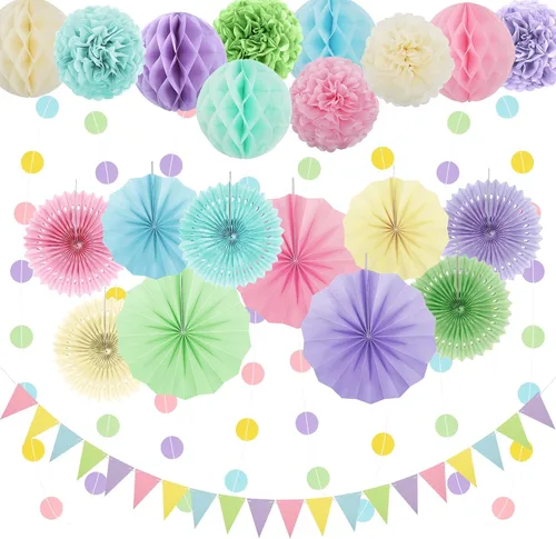 Miniatura 10 de 23 piezas de decoraciones de fiesta de cumpleaños azules para niños y hombres, bola de panal azul marino real azul claro, abanicos de papel