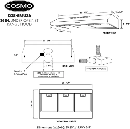 Miniatura 5 de COSMO COS-5MU36 Campana extractora de conductos para debajo del gabinete de la colección Delta de 36 pulgadas, controles de botón, filtros Acero
