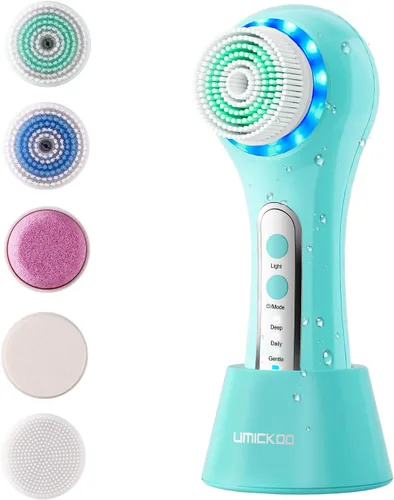 Miniatura 10 de UMICKOO Exfoliante facial, cepillo de limpieza facial recargable con rotación de 2 vías y 3 modos, tiempo de funcionamiento de 30 días, 5 cabezales