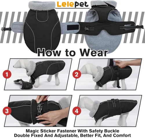 Miniatura 6 de Lelepet Abrigo Cálido para Perro Chaleco de Vellón Reflectante para Perro Chaqueta Impermeable Resistente al Viento Abrigos para Clima Frío de Negro