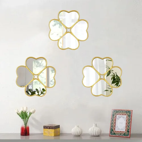 Miniatura 2 de Juego de 3 espejos decorativos de pared pequeños con forma de corazón, espejo decorativo de trébol de cuatro hojas (dorado)
